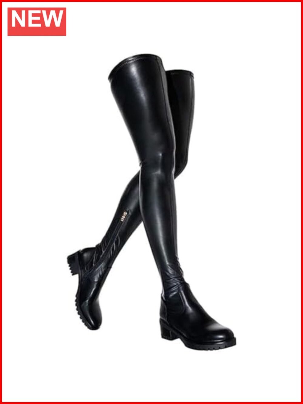 Womens Over The Knee Boots Chunky Heel Slip On Faux Leather Stretch Thigh High
